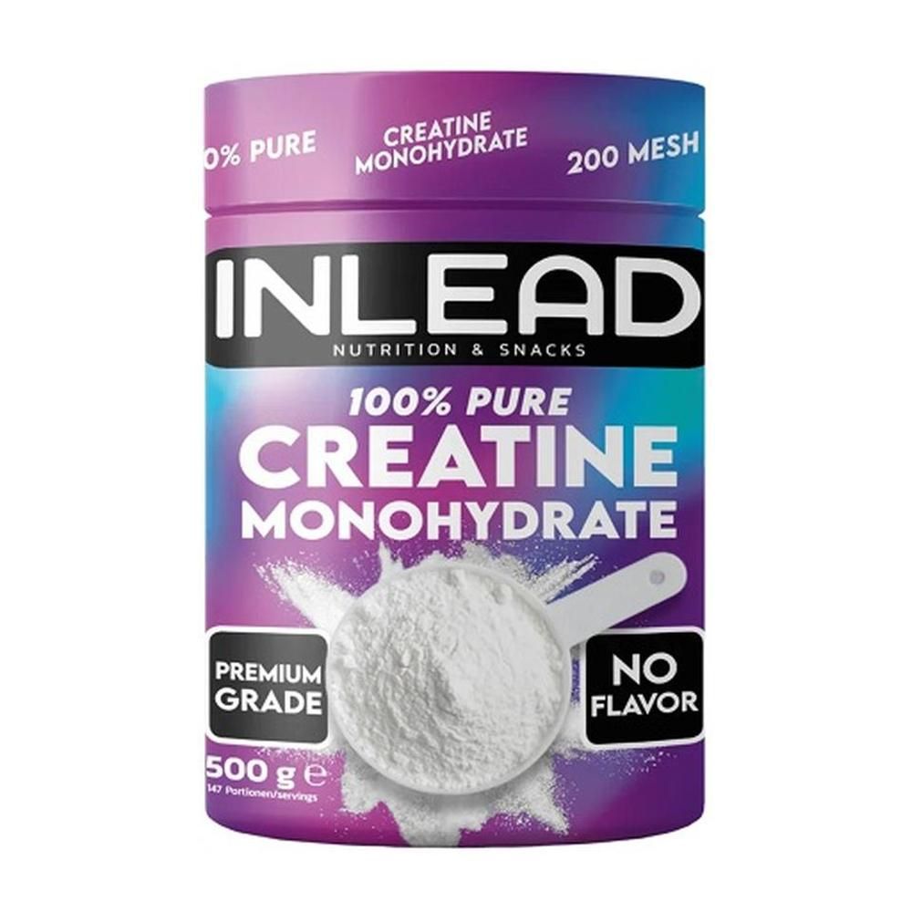 Zylinderförmige Dose mit INLEAD Creatine Monohydrate. Aufschrift: 100% Pure, Premium Grade, 500g, No Flavor.