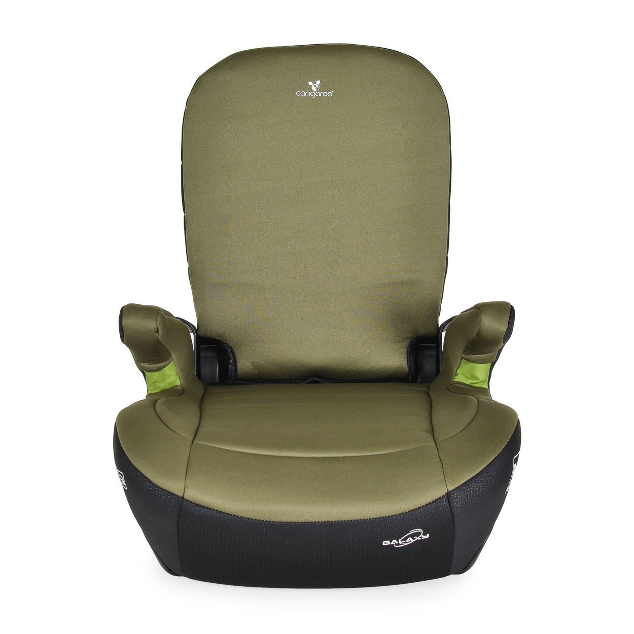 Grüner Kindersitz mit Armlehnen und Kopfstütze, schwarzer Basis.