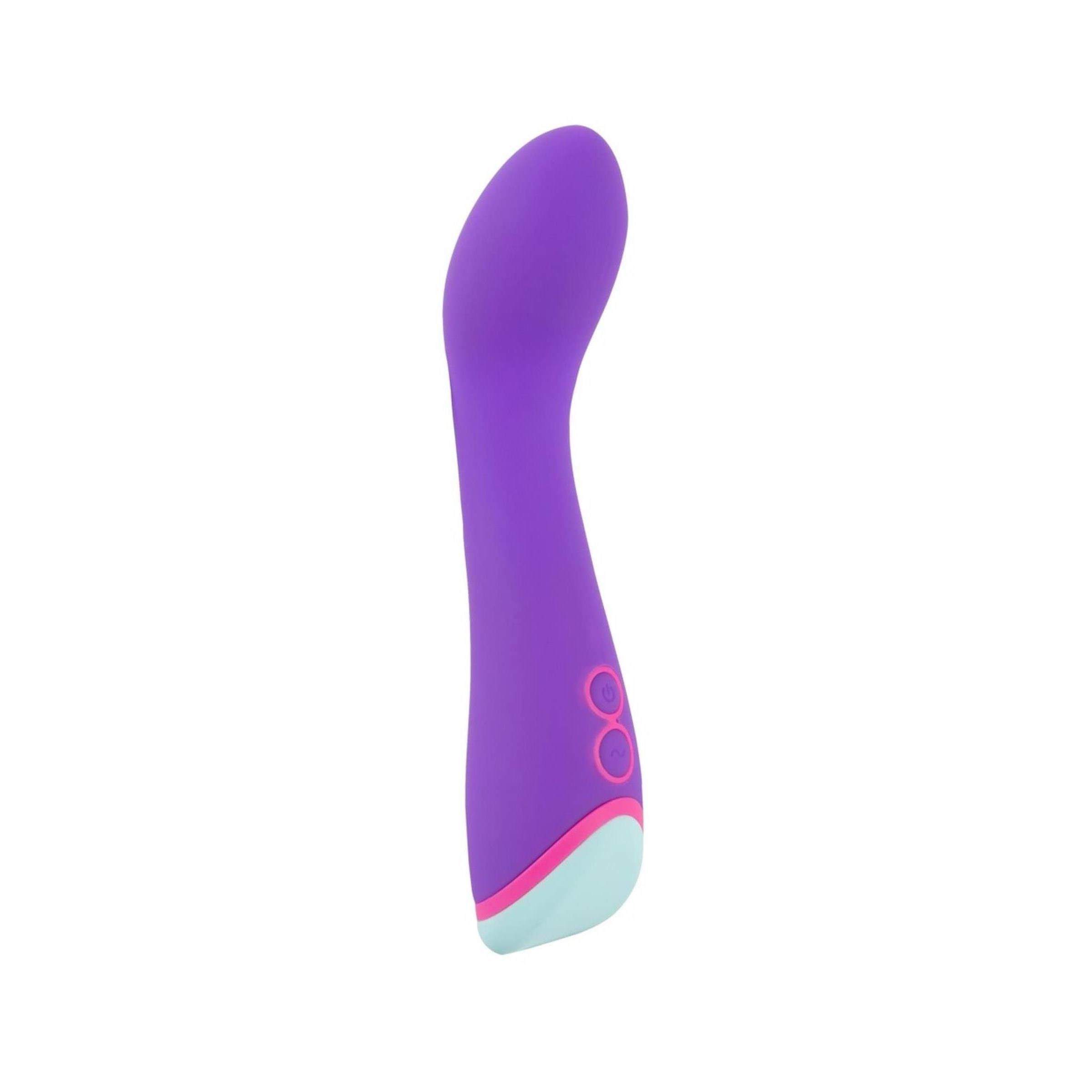 Lila Vibrator mit geschwungener Form. Zwei Knöpfe, rosa und hellblauer Akzent am Ende.