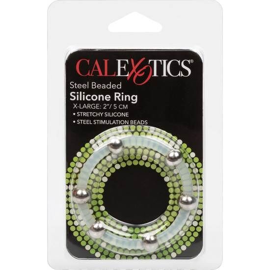 Verpackung mit einem Ring aus transparentem Silikon und Metallkugeln. Aufschrift: CalExotics, Steel Beaded Silicone Ring.