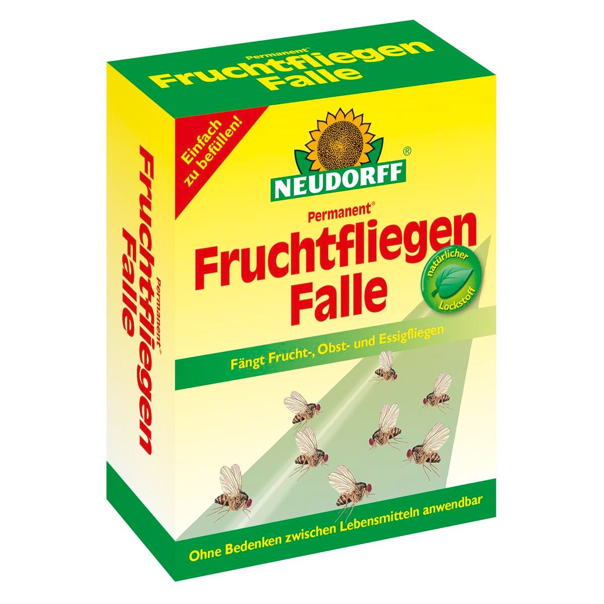 Verpackung der FruchtfliegenFalle. Aufschrift: NEUDORFF, Permanent Fruchtfliegen Falle. Fängt Frucht-, Obst- und Essigfliegen. Natürlicher Lockstoff.