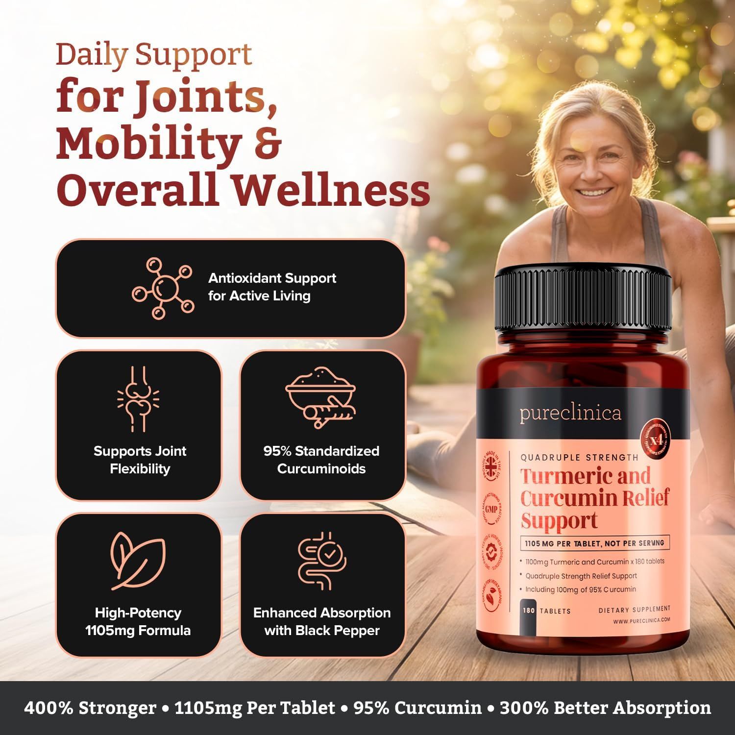 Flasche mit Pureclinica Kurkuma und Curcumin Relief Support Tabletten. 1105mg Formel.