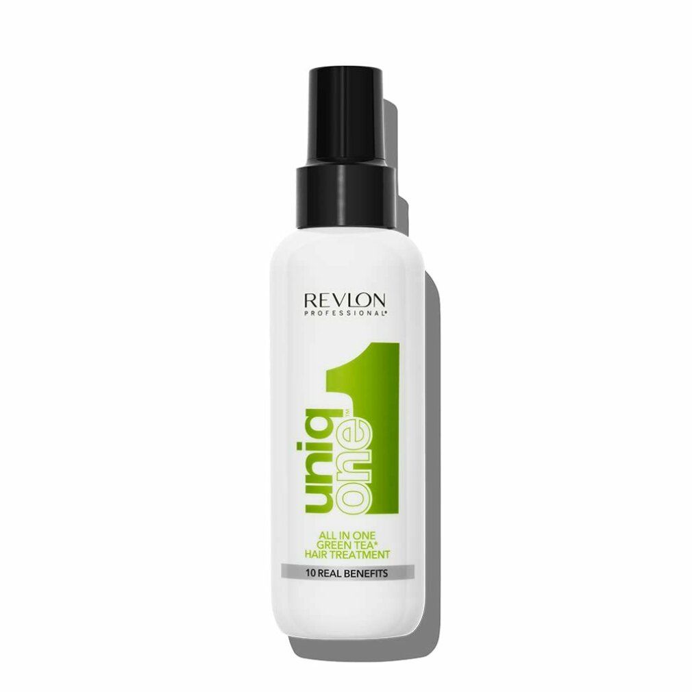 Weißes Haarspray mit schwarzem Sprühkopf. Aufschrift: Uniq One, Revlon Professional, All in One Green Tea Hair Treatment, 10 Real Benefits.