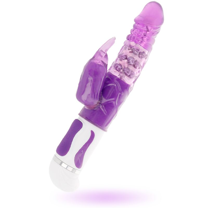 Lila Vibrator mit geriffelter Oberfläche und Hasenohren. Weißer Griff mit lila Akzenten. Auf weißem Hintergrund.