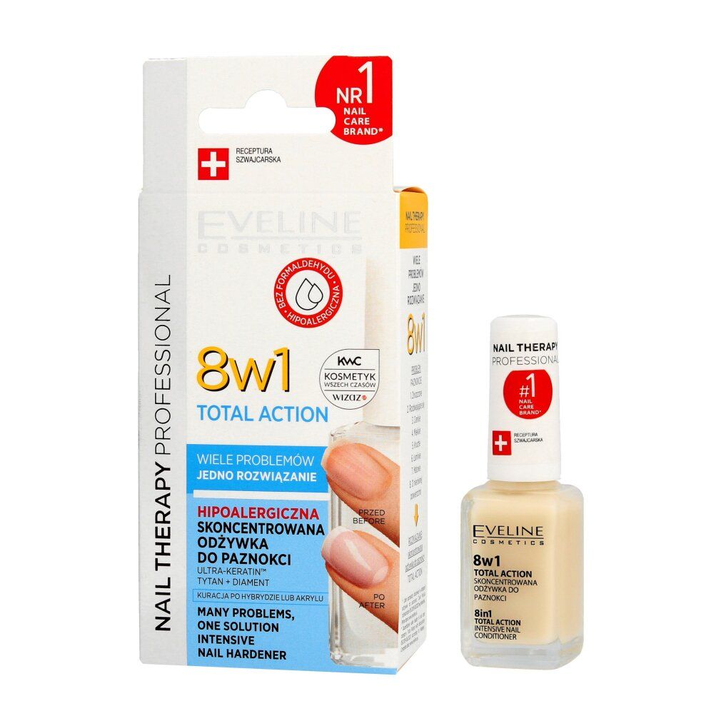 Nagelkur und Verpackung. Aufschrift: Eveline Cosmetics, 8in1 Total Action. Mit rotem Kreuz-Logo.