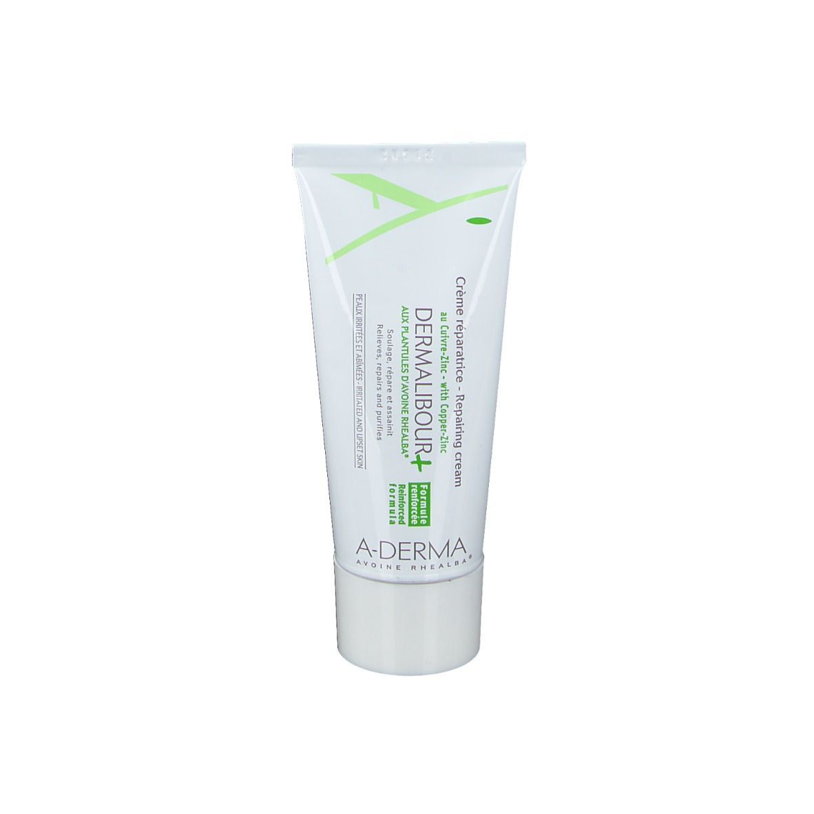 Weiße Tube mit grünem Aufdruck. Text: DERMALIBOUR+ Creme, A-DERMA. Enthält Kupfer-Zink. Produktansicht.