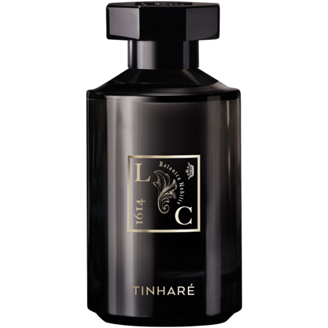 Schwarze Parfumflasche. Aufschrift: Tinharé, Le Couvent des Minimes. Goldfarbene Details.