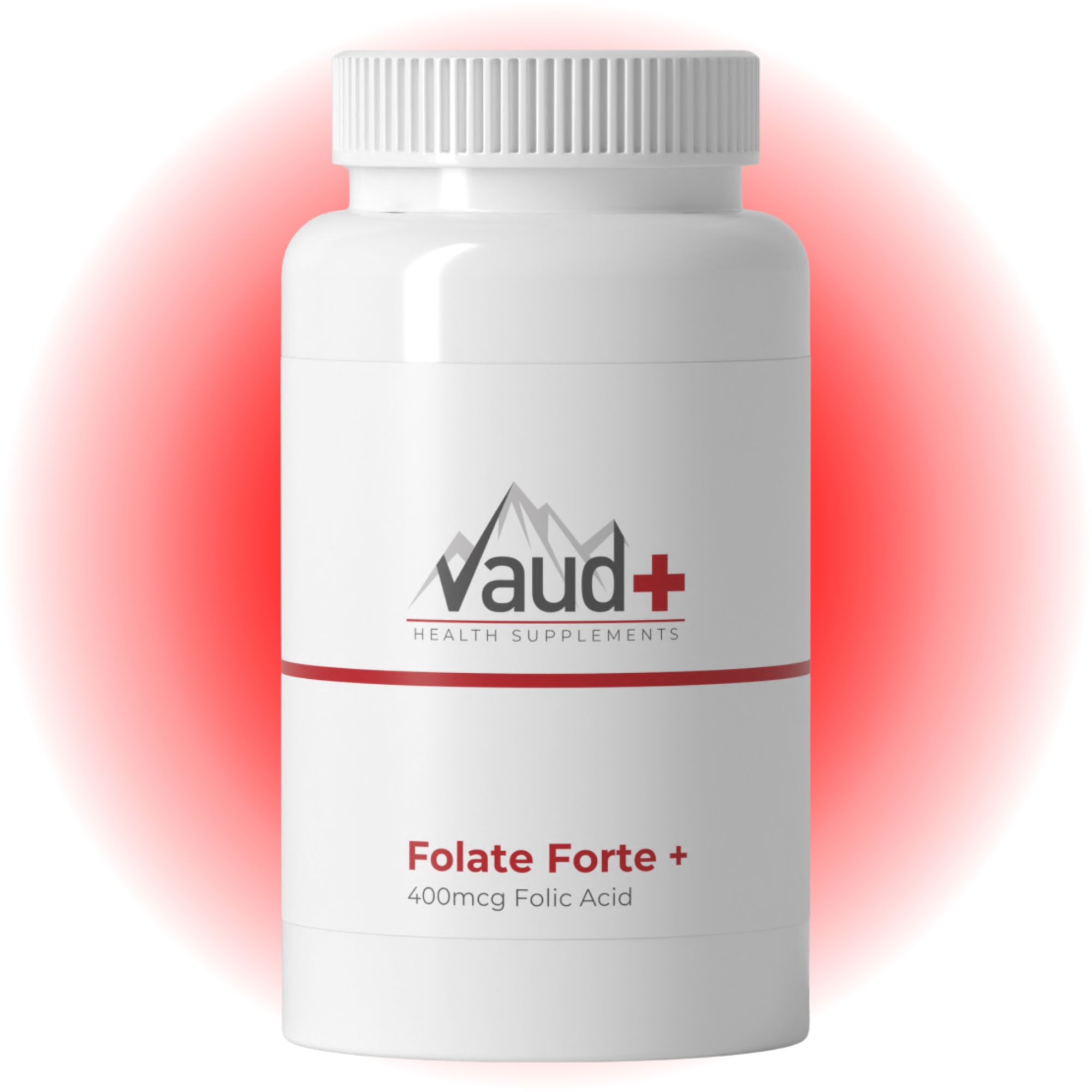 Weiße Flasche mit Vaud+ Logo und rotem Streifen. Text: Folate Forte + 400mcg Folic Acid.
