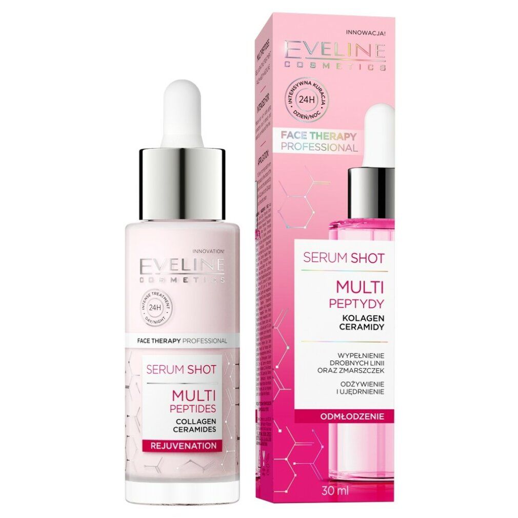 Serum-Shot-Flasche und Verpackung. Aufschrift: Eveline Cosmetics, Face Therapy Professional, Multi Peptides, Collagen Ceramides, Rejuvenation.