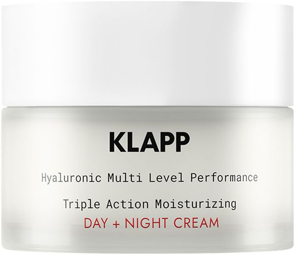 Glasbehälter mit weißem Deckel. Aufschrift: Klapp, Hyaluronic Multi Level Performance, Triple Action Moisturizing Day + Night Cream.