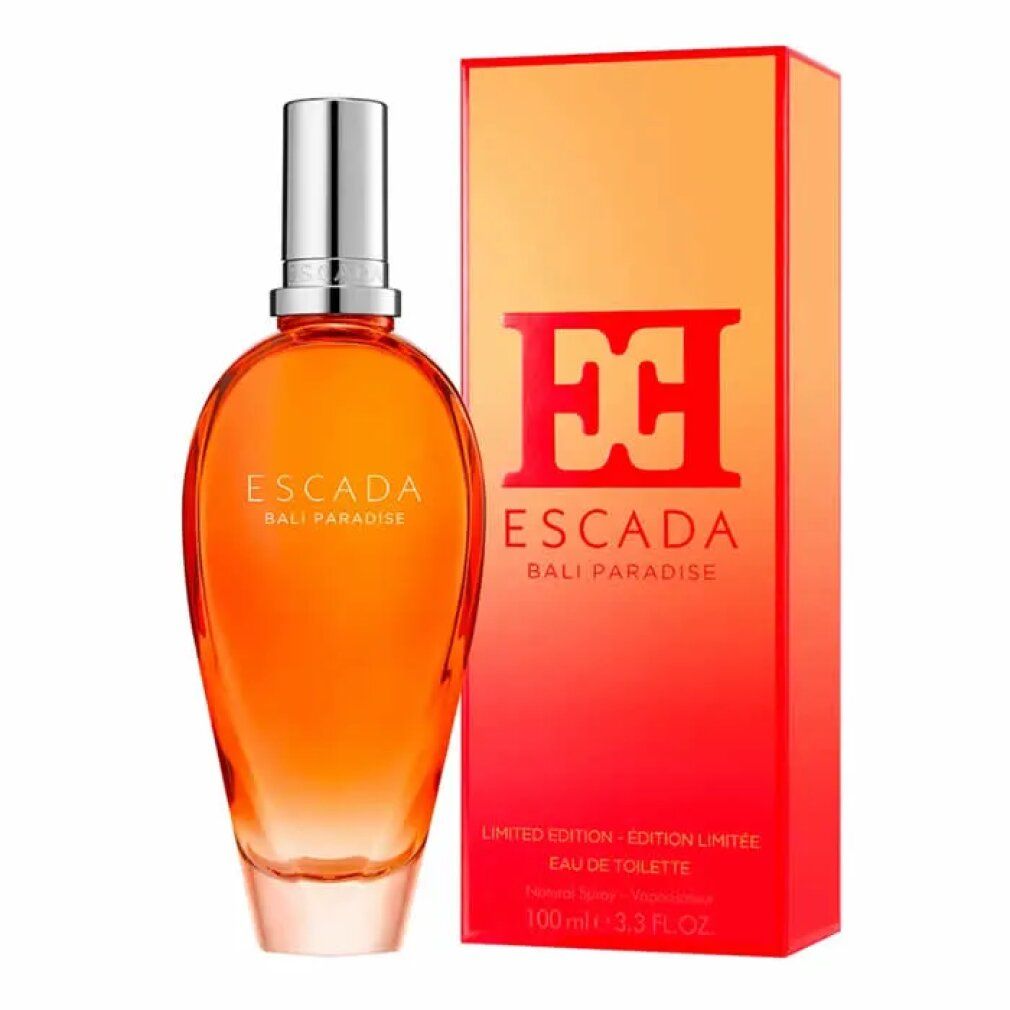 Escada Bali Paradise Eau De Toilette Spray. Flakon und Verpackung. Orangefarbener Flakon mit silbernem Verschluss. Rote Verpackung mit Logo.