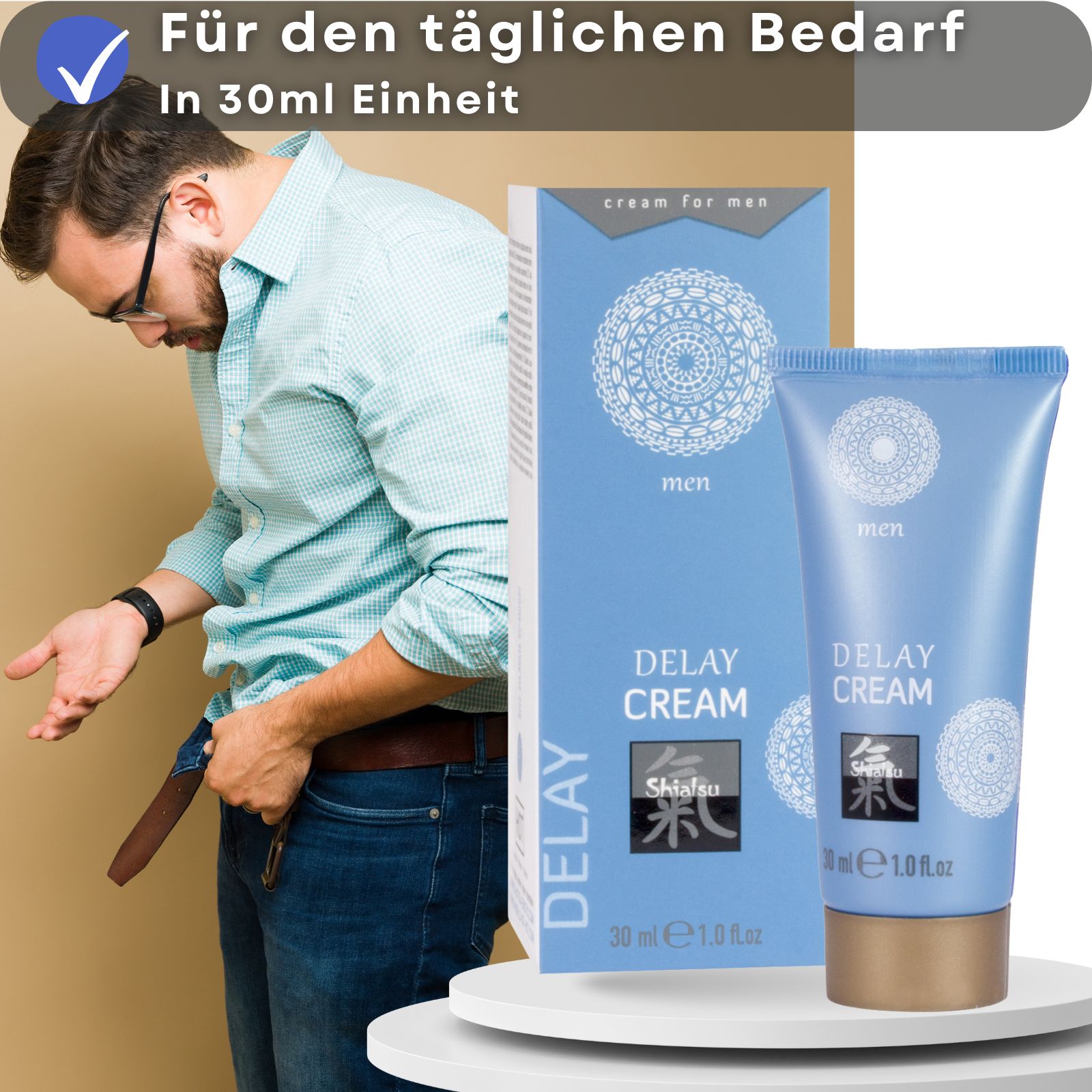 Produkt und Verpackung. Text: DELAY CREAM, Shiatsu, 30 ml. Paar im Hintergrund.