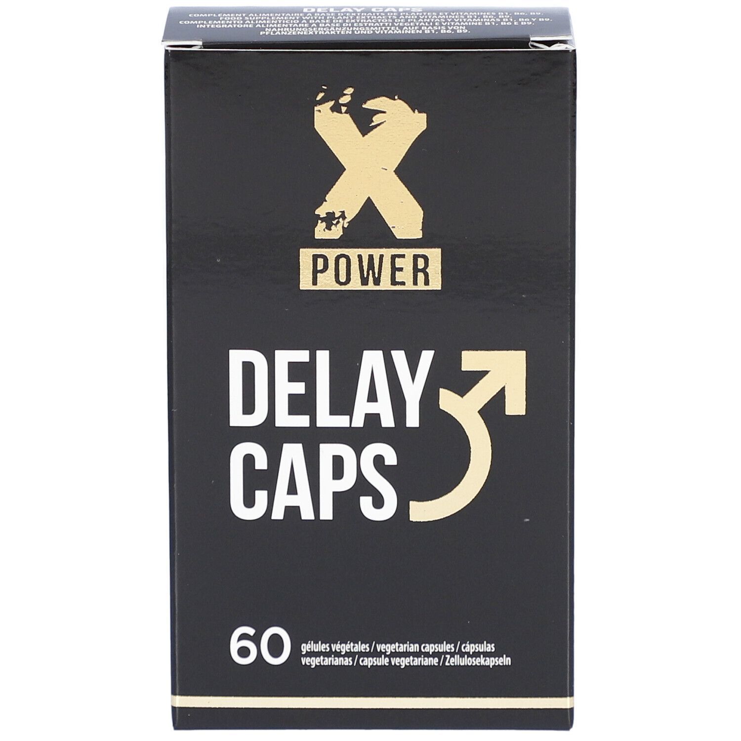 Schwarze Schachtel mit "X POWER DELAY CAPS" und 60 Kapseln. Aufdrucke in Weiß und Gold. Vegetarische Kapseln.