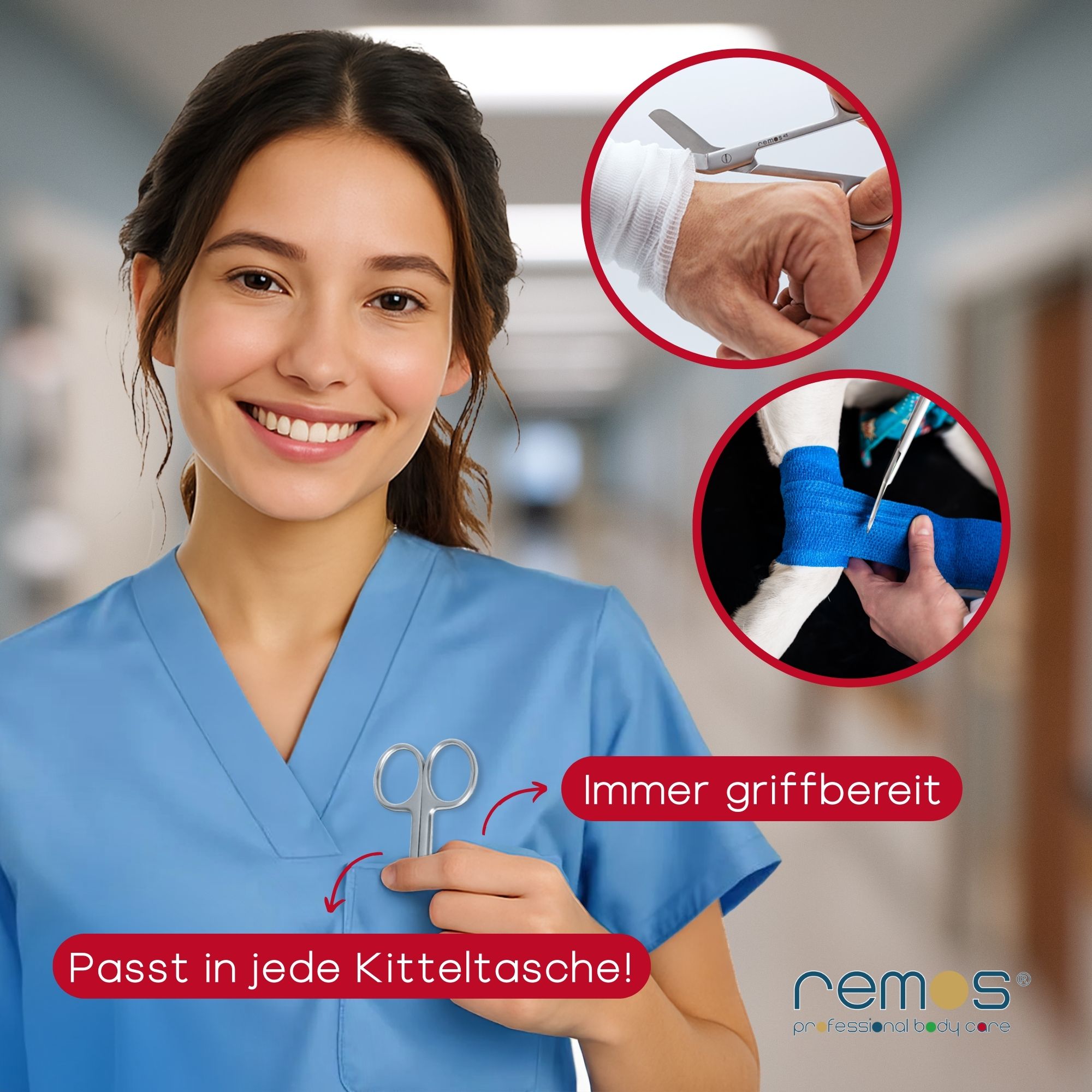 Krankenschwester mit Verbandschere in der Kitteltasche. Text: Passt in jede Kitteltasche!