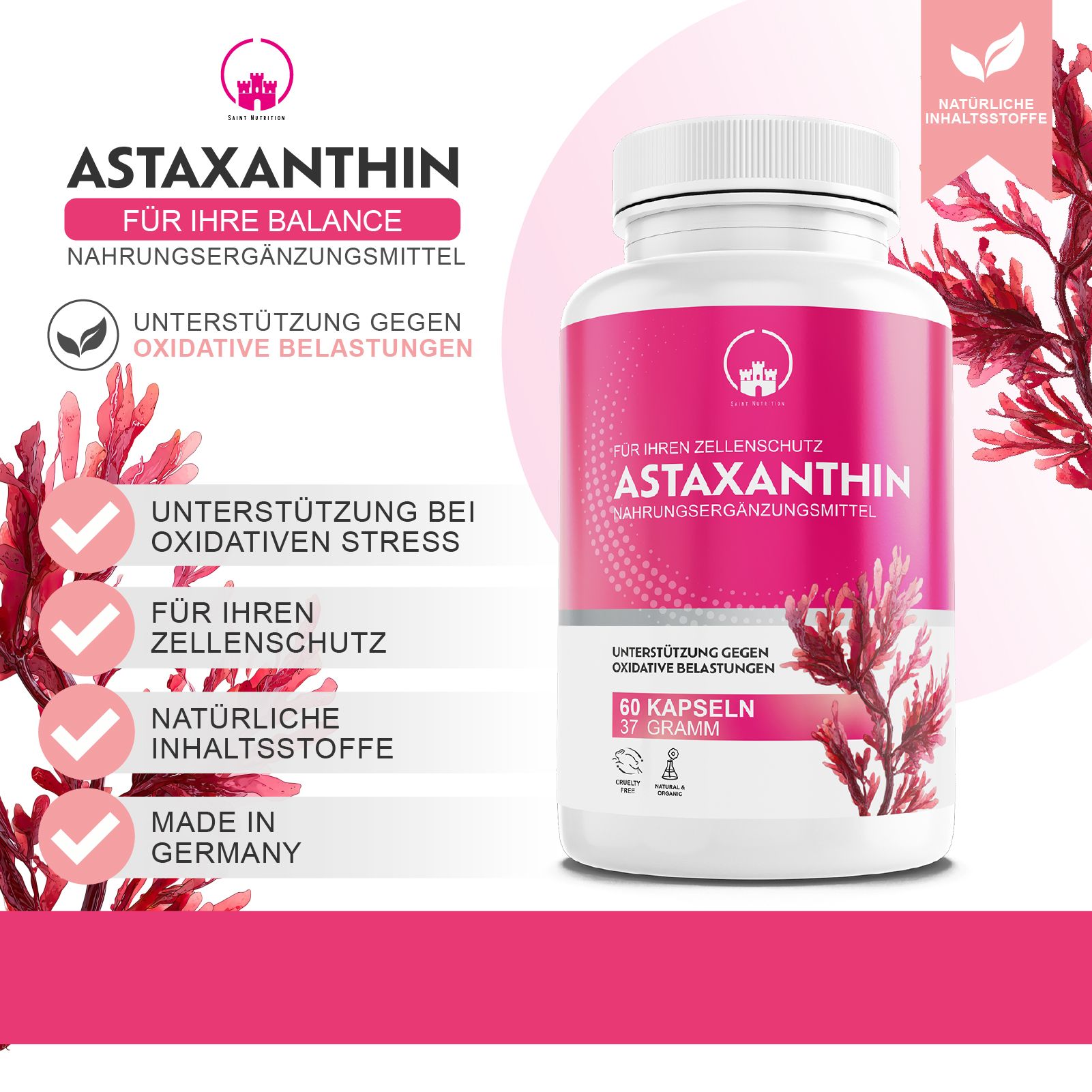 Astaxanthin Kapseln Flasche mit Liste der Vorteile und "Made in Germany" Siegel.