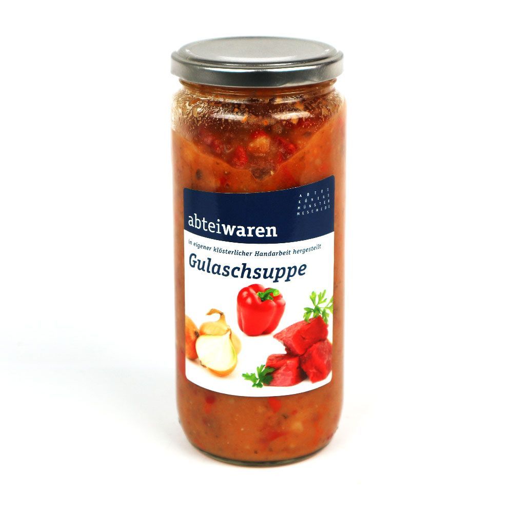 Glas mit Gulaschsuppe, Etikett mit Produktname und Zutatenabbildung.