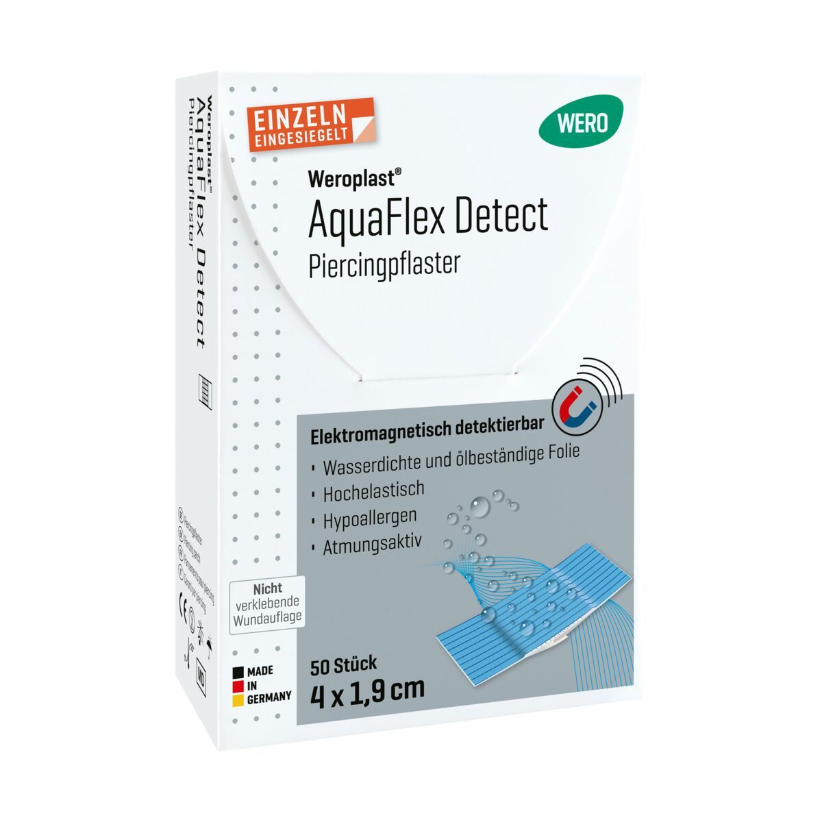 Verpackung Wero AquaFlex Detect Piercingpflaster, 50 Stück, 4x1,9 cm. Elektromagnetisch detektierbar, wasserdicht, hochelastisch.