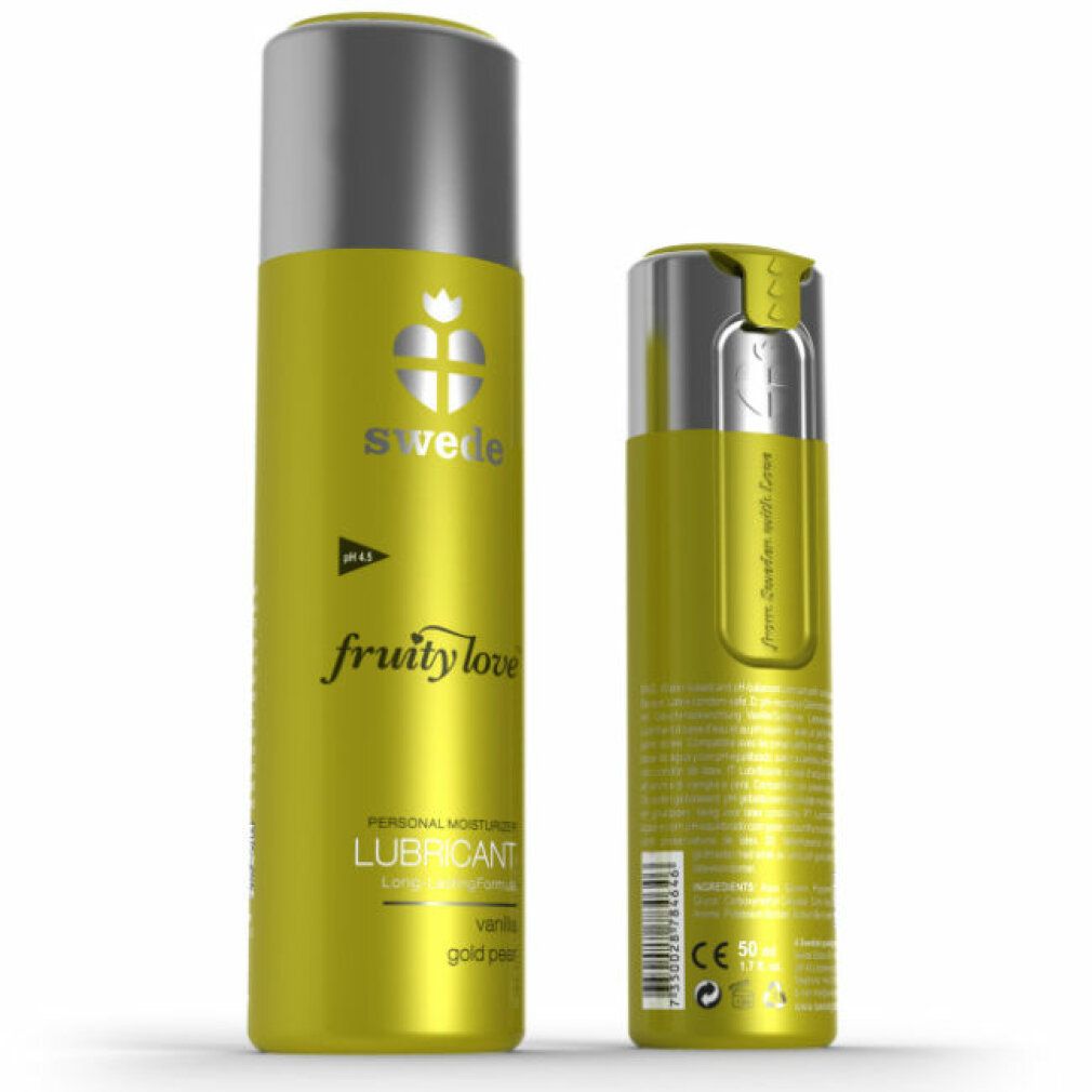 Zwei Flaschen. Eine gelb mit silbernem Deckel, die andere kleiner. Aufschrift: Swede, fruity love, Lubricant.