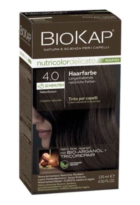 Biokap Haarfarbe Naturbraun 4.0. Verpackung mit Produktabbildung und Produktinformationen. Enthält BIO-ARGANÖL + TRICOREPAIR.
