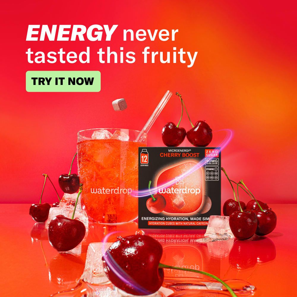 Verpackung von waterdrop® Microenergy Cherry Boost mit Kirschen, Eis und Spritzern.