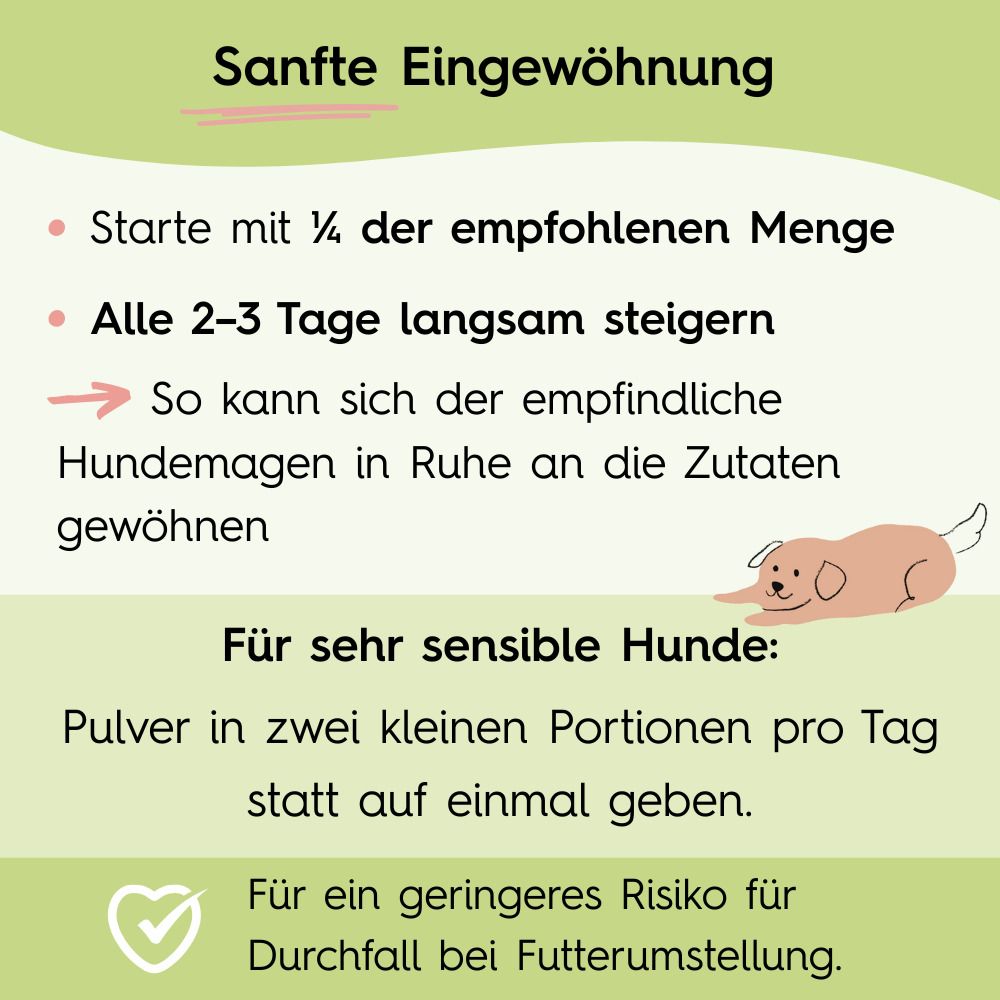 Grafik mit Text. Sanfte Eingewöhnung. Empfohlene Menge, langsam steigern. Für sensible Hunde: Pulver in zwei Portionen. Geringeres Durchfallrisiko.
