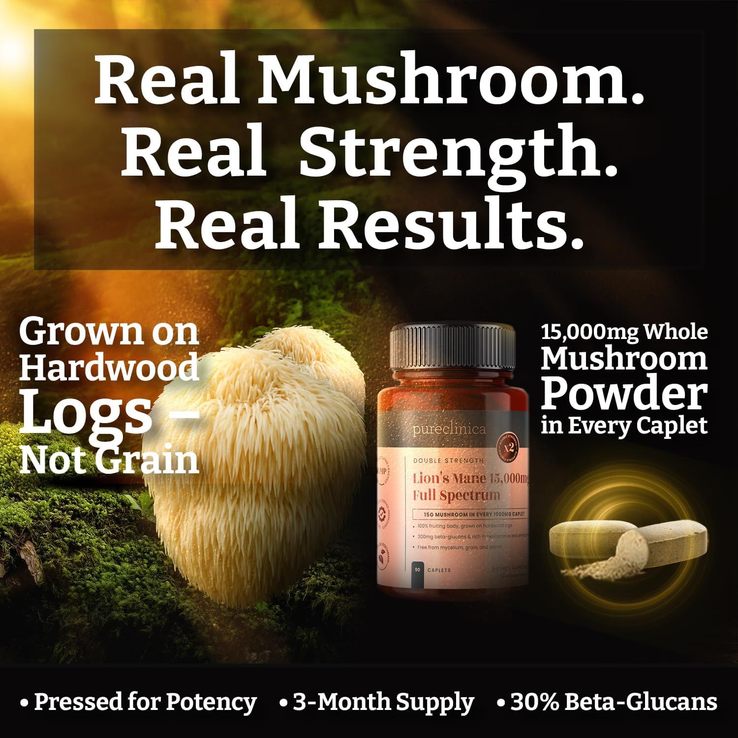 Braune Kapsel-Flasche mit Etikett, daneben Löwenmähne-Pilz und Kapseln. Text: Real Mushroom, Real Strength, Real Results. 15,000mg Pilzpulver.