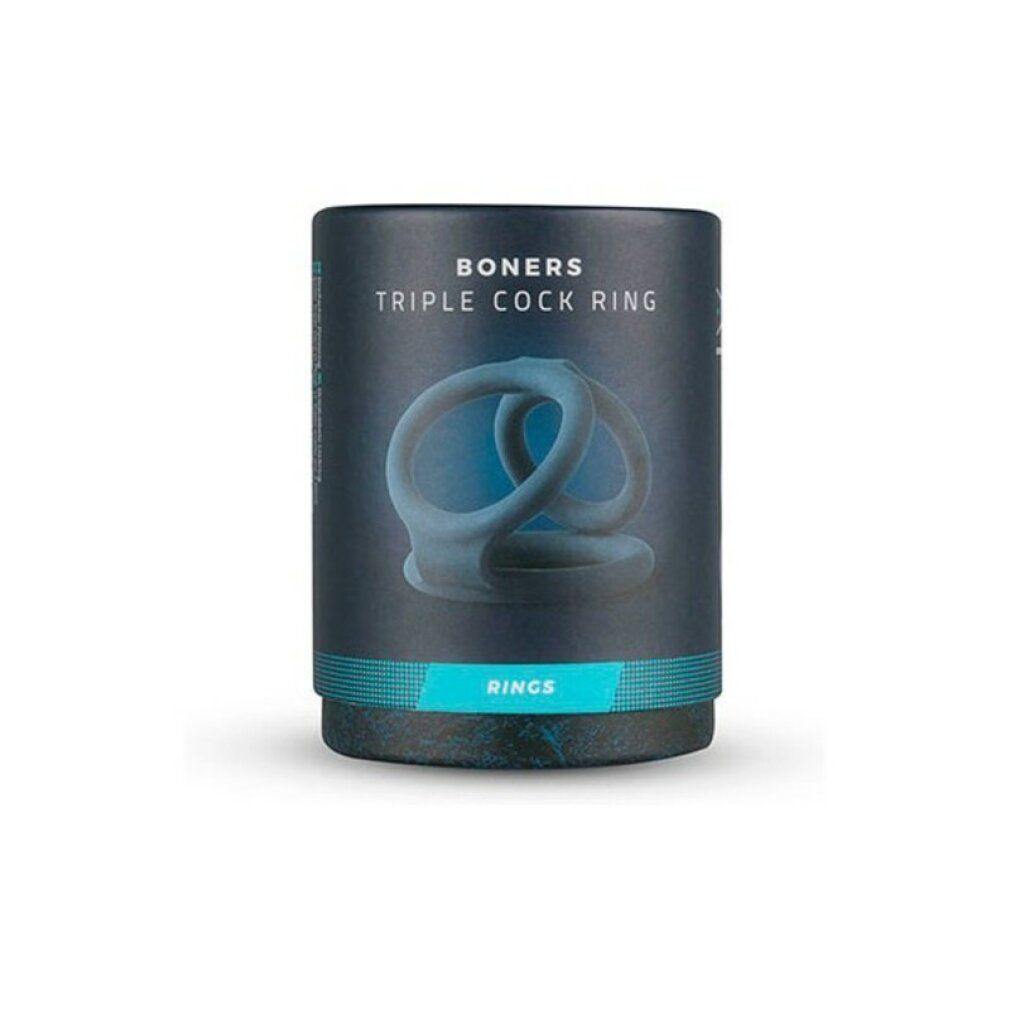Zylindrische Verpackung. Aufschrift: BONERS TRIPLE COCK RING. Blau-graues Design.