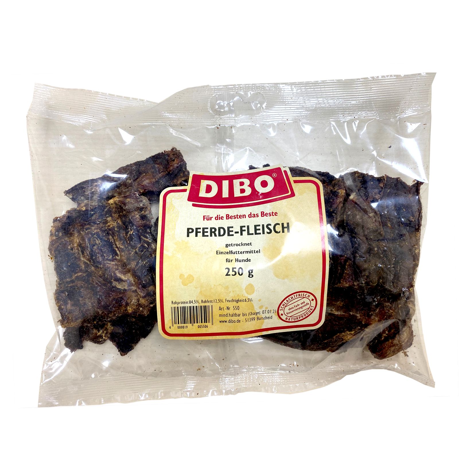 Dörrfleisch Pferd pur in transparenter Verpackung. Etikett mit Produktbezeichnung und Gewicht: 250 g.