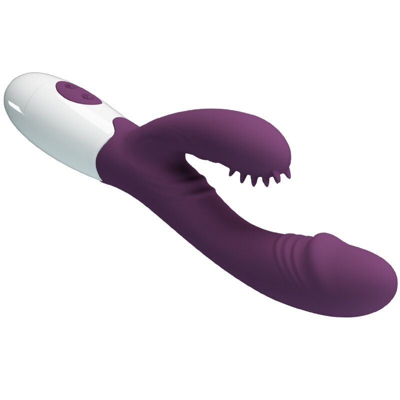 Lila Vibrator mit weißem Sockel. Der gebogene Schaft hat eine geriffelte Spitze und einen G-Punkt-Stimulator.