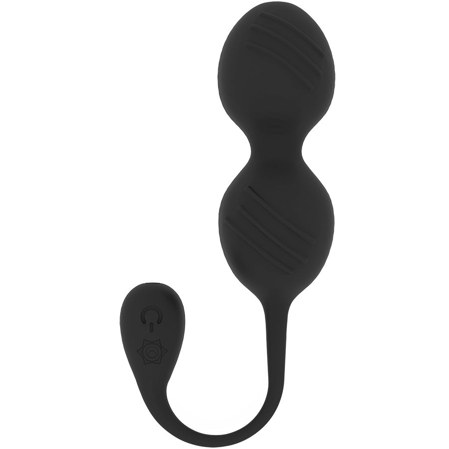 Schwarze Liebeskugeln mit zwei Kugeln, geriffelter Oberfläche und Bedienungsteil.