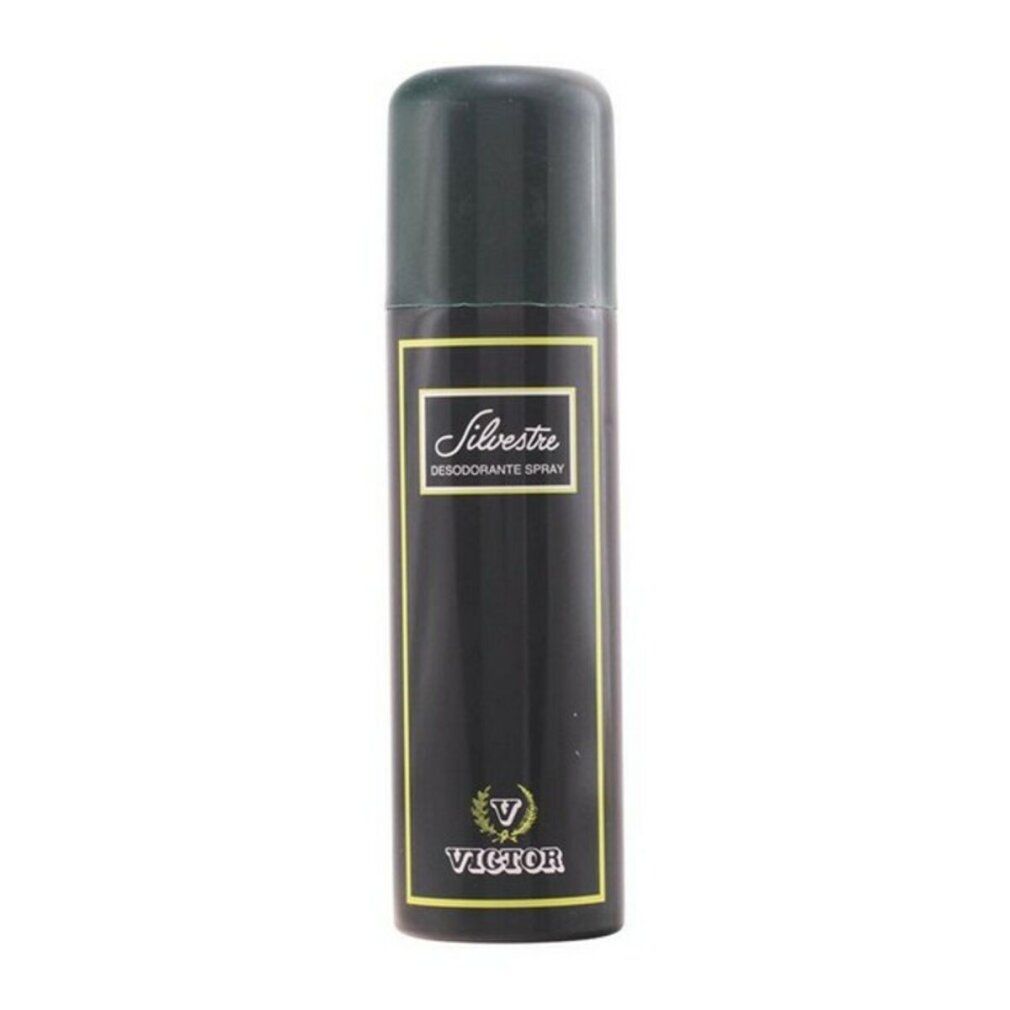 Schwarze Deospray-Dose mit grünem Deckel. Aufschrift "Silvestre" und "Victor".