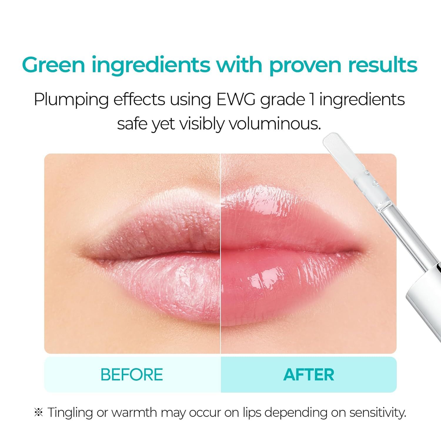 Vorher-Nachher-Vergleich von Lippen, die mit einem glänzenden, voluminösen Lippenprodukt behandelt wurden.