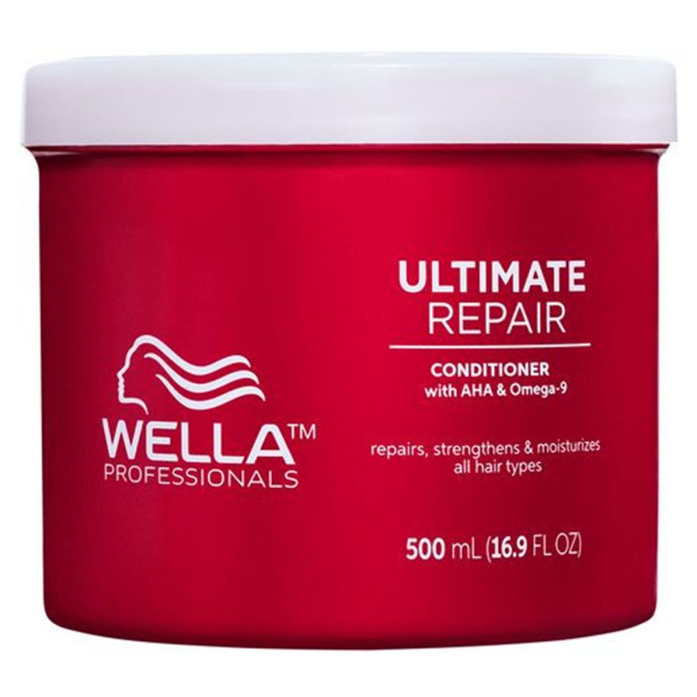 Rote Dose mit weißem Deckel. Aufschrift: ULTIMATE REPAIR, Conditioner, Wella Professionals Logo. Enthält 500 ml.