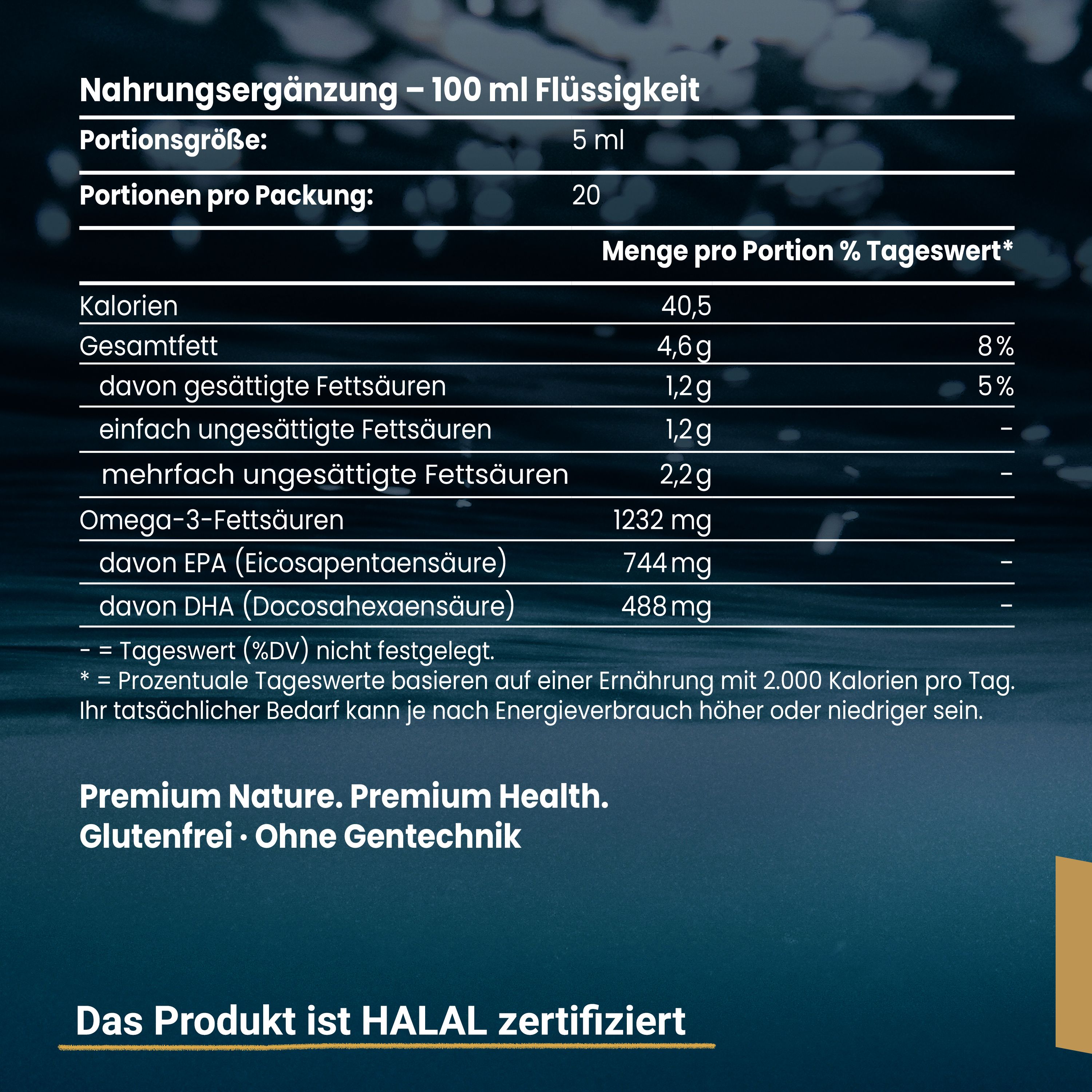 Nährwerttabelle. Text: "Nahrungsergänzung - 100 ml Flüssigkeit". Enthält Kalorien, Fette, Omega-3-Fettsäuren.