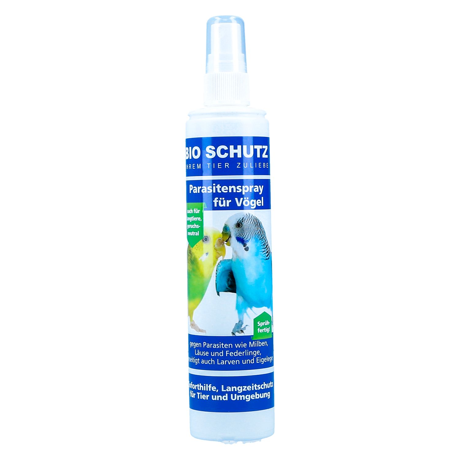 Weiße Sprühflasche mit blauem Etikett. Text: Bio Schutz, Parasitenspray für Vögel. Abbildung von Papageien. Transparenter Sprühkopf.