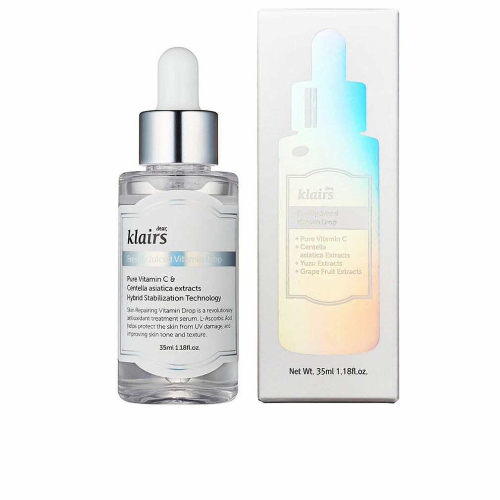 Klairs Serumflasche mit Verpackung. Klares Glas, silberner Deckel, weißes Etikett. Text: Freshly Juiced Vitamin Drop.