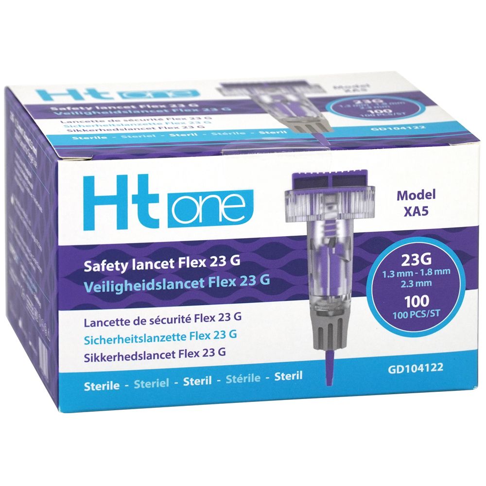 Verpackung von HT One Safety lancet Flex 23 G. Aufschrift: 23G, 100 Stück. Produktname und weitere Informationen in mehreren Sprachen.