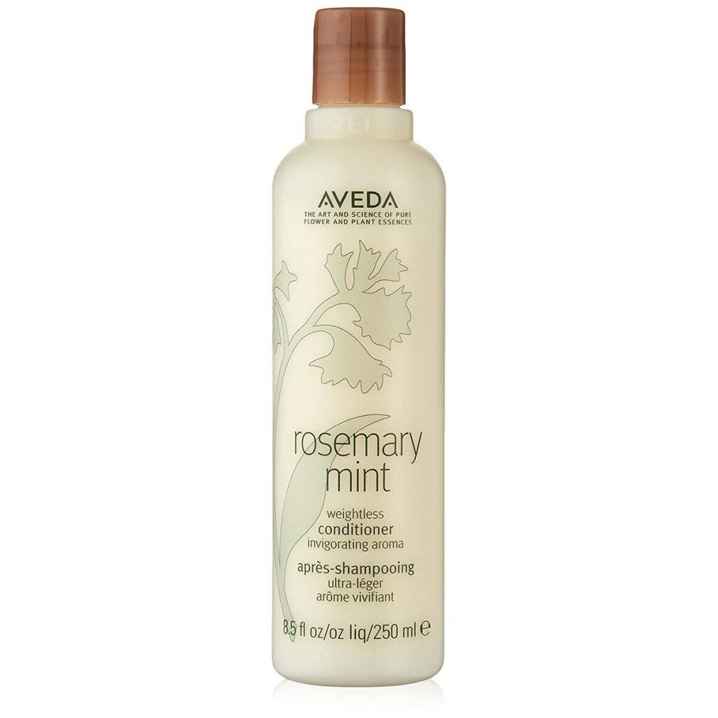Aveda-Conditioner. Flasche mit braunem Deckel. Aufschrift: Rosemary Mint, ultra-leicht. 250 ml.