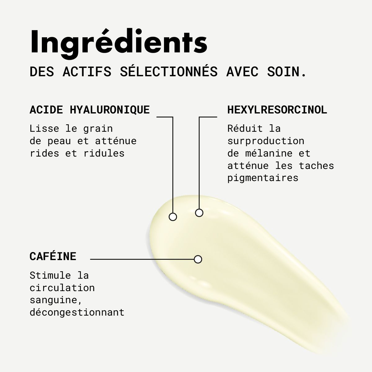 Inhaltsstoffe auf hellem Hintergrund. Aufschrift: Acide Hyaluronique, Hexylresorcinol, Caféine. Produktprobe.