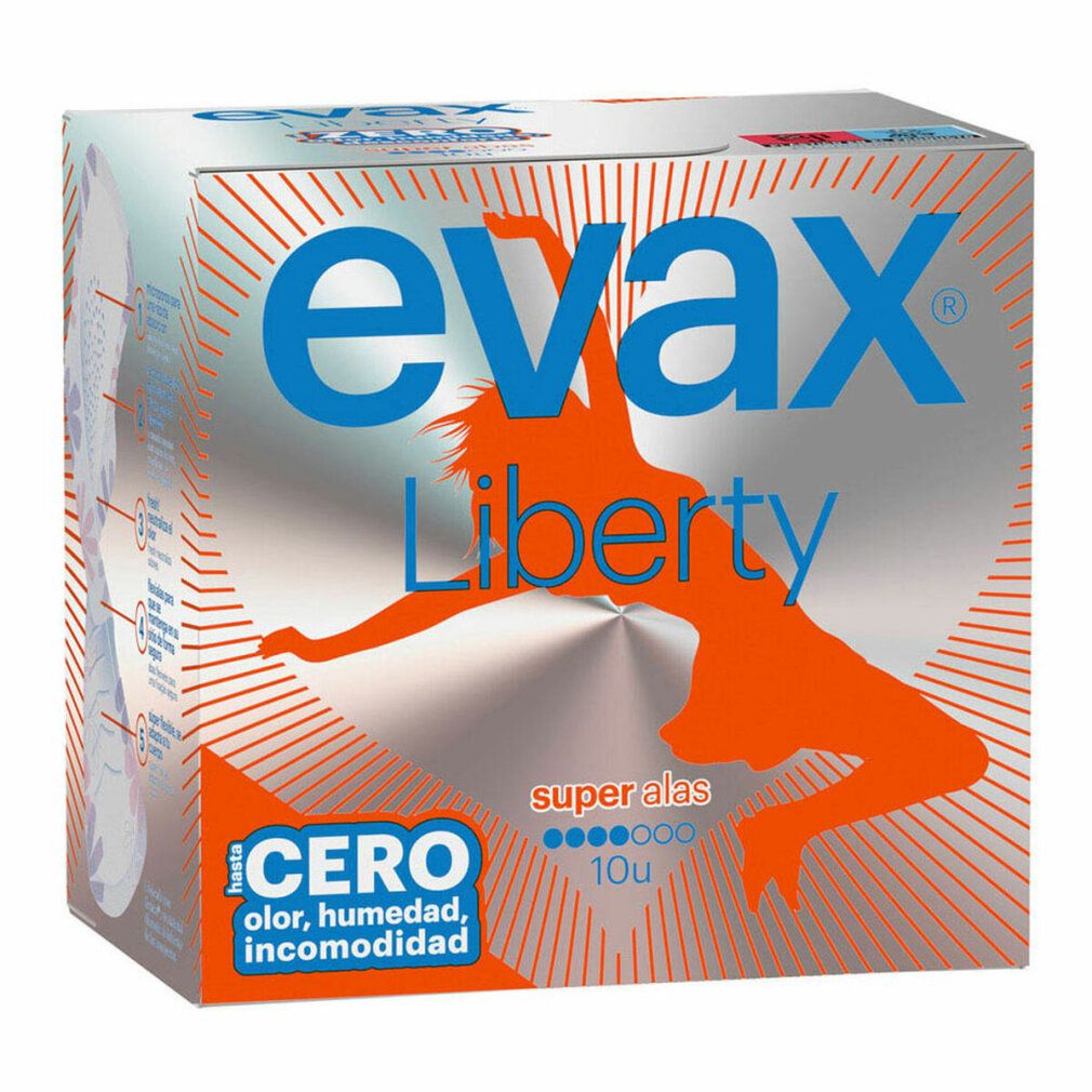 Evax Liberty Super Damenbinden-Verpackung. Silberne Schachtel mit blauem Schriftzug und orangefarbener Figur. Enthält 10 Stück.