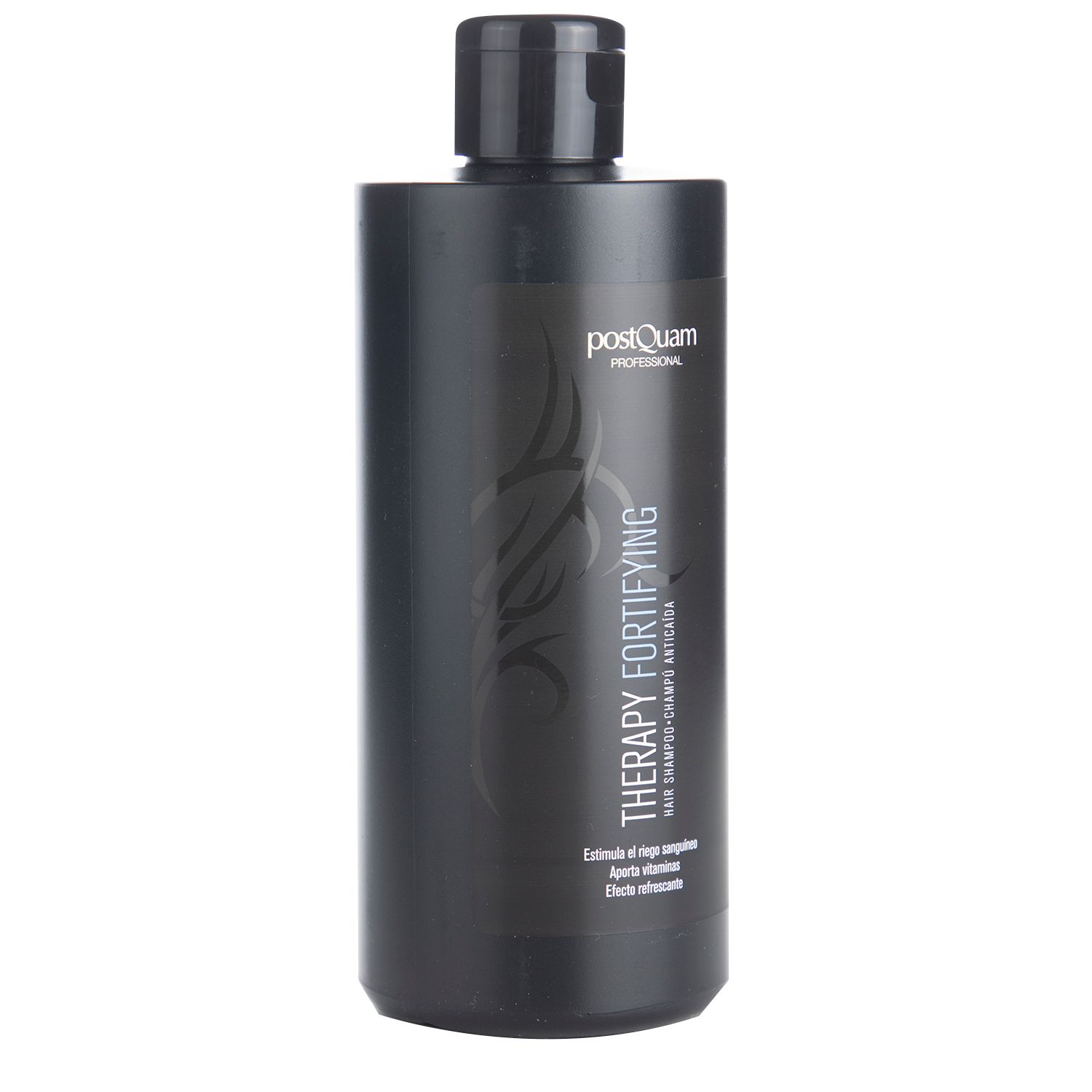 Schwarze Shampoo-Flasche mit "Postquam Professional" und "Therapy Fortifying" Schriftzug.