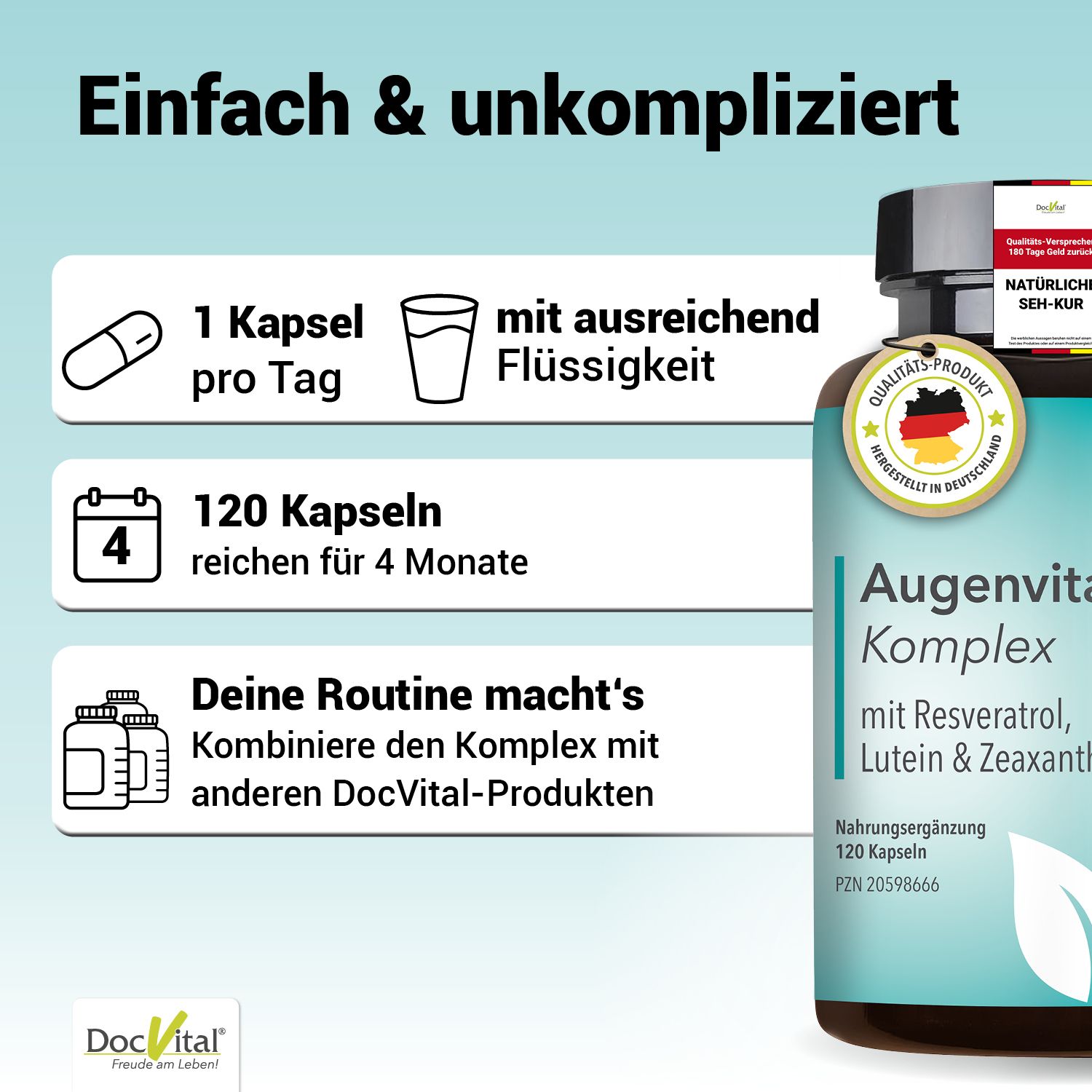 Anleitung zur Einnahme von Augenvitaminen: 1 Kapsel täglich, 120 Kapseln für 4 Monate.