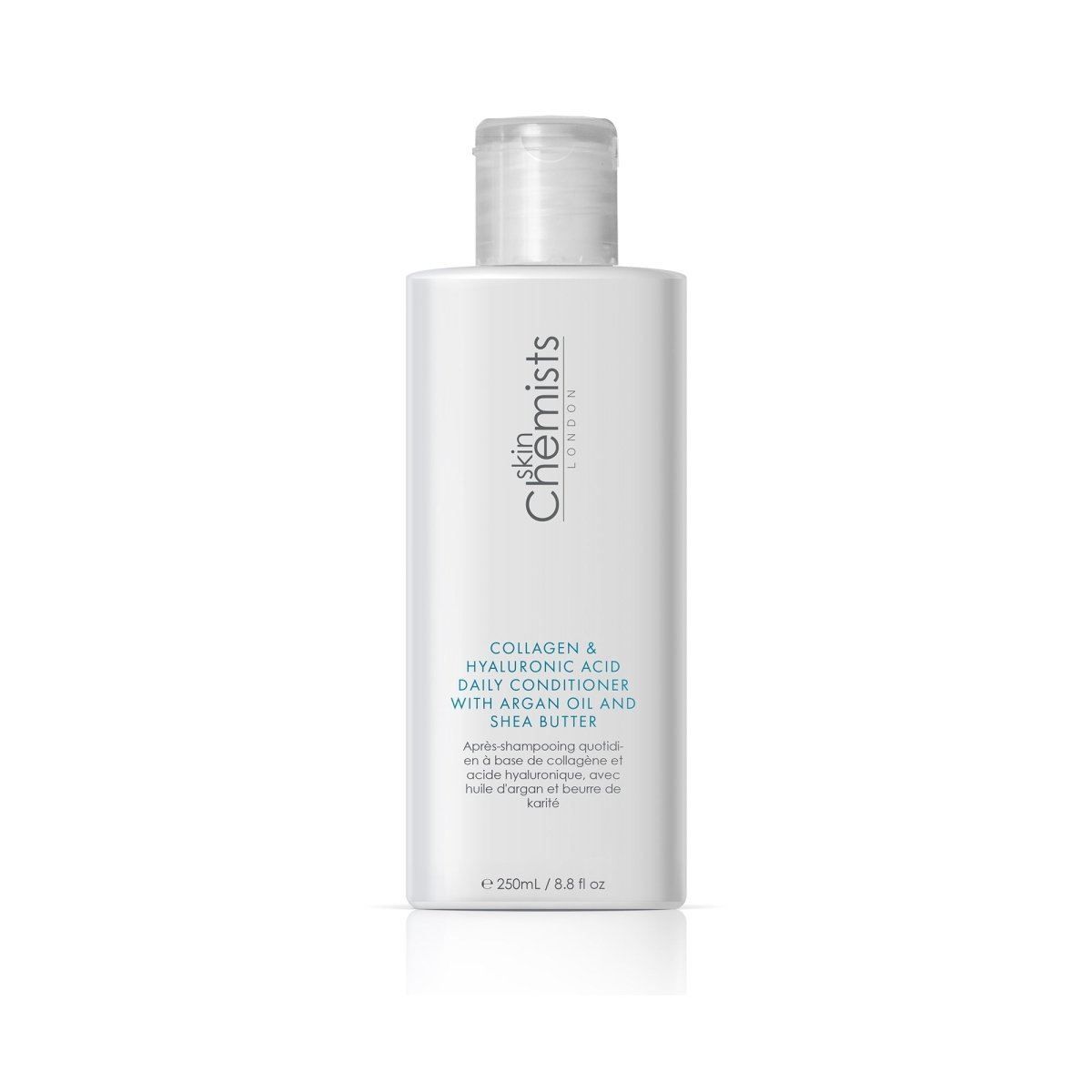 Flasche SkinChemists Spülung mit Kollagen, Hyaluronsäure, Arganöl und Sheabutter auf weißem Hintergrund.
