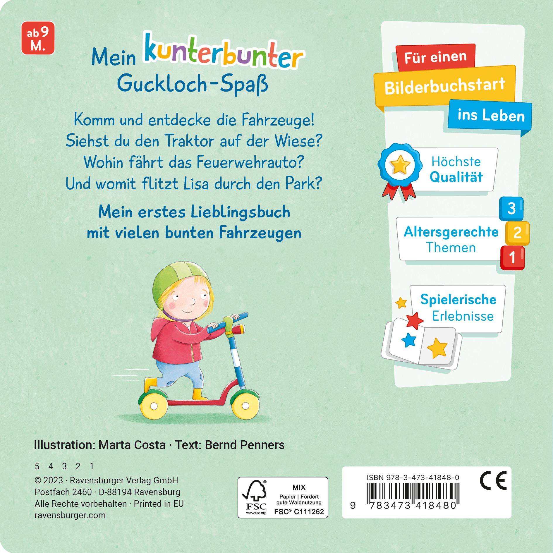 Rückseite des Buches "Mein kunterbunter Guckloch-Spaß". Kind auf Roller, Text, Illustrationen, Qualitätszeichen, ISBN-Code.