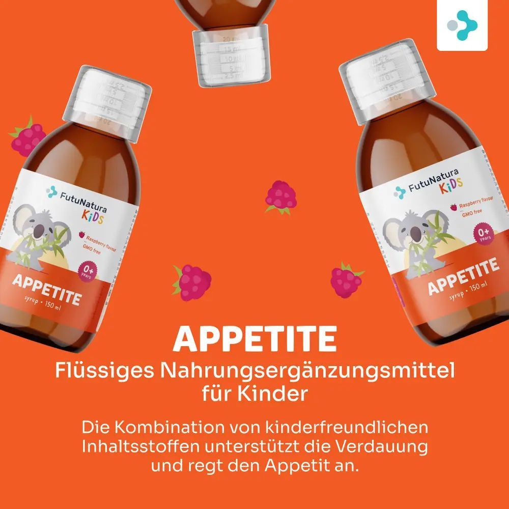 Zwei Flaschen mit Etikett und Himbeeren. Aufschrift: FutuNatura Kids, Appetit, Himbeergeschmack, GMO-frei. Abbildung eines Koalas.