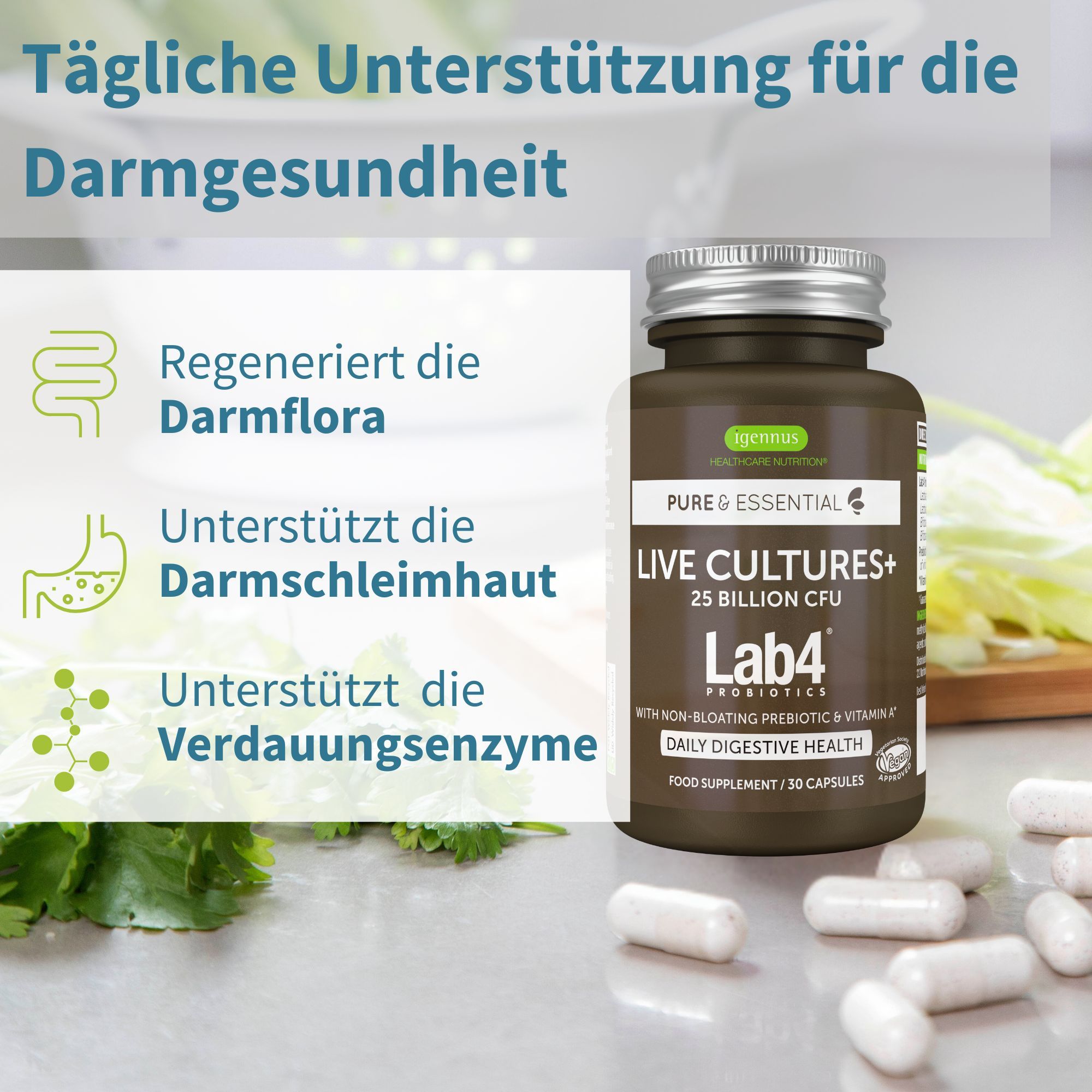 Braune Dose mit Kapseln, tägliche Unterstützung für die Darmgesundheit.