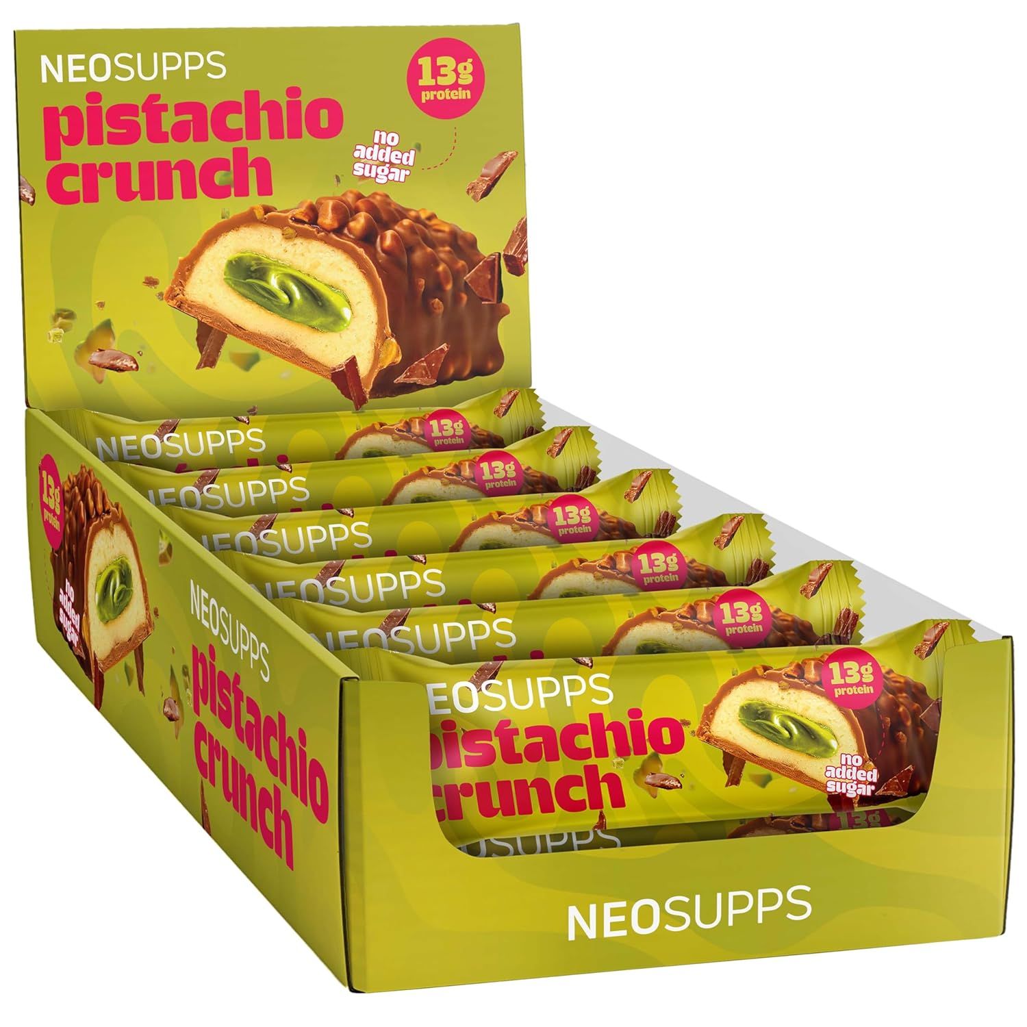 Neosupps Protein Bar Pistachio Crunch, Proteinriegel, echte Pistazienstücke, 12 x 45g St Riegel