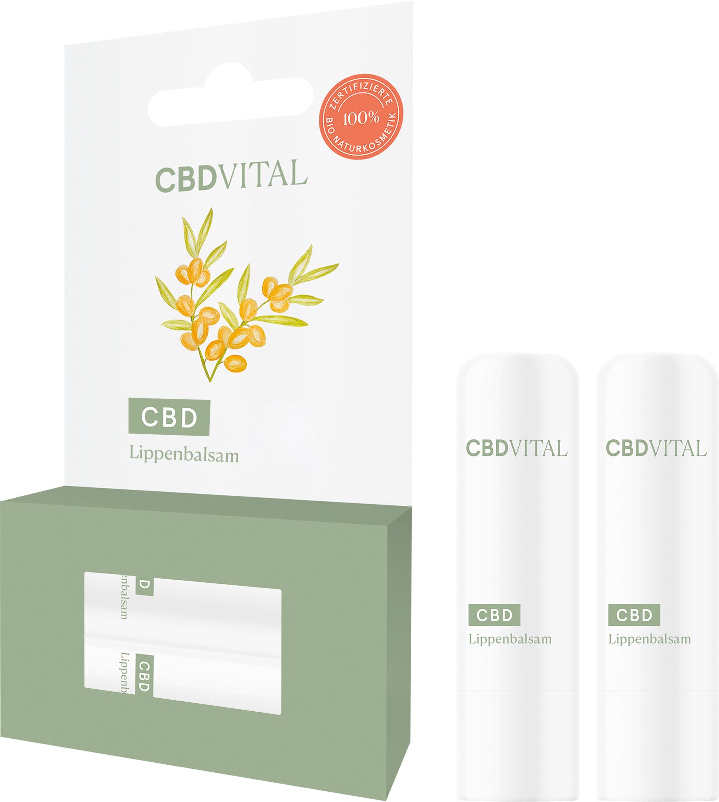 Zwei Lippenbalsam-Stifte und Verpackung. Aufdruck: CBD VITAL, CBD Lippenbalsam. Karton mit Sichtfenster.
