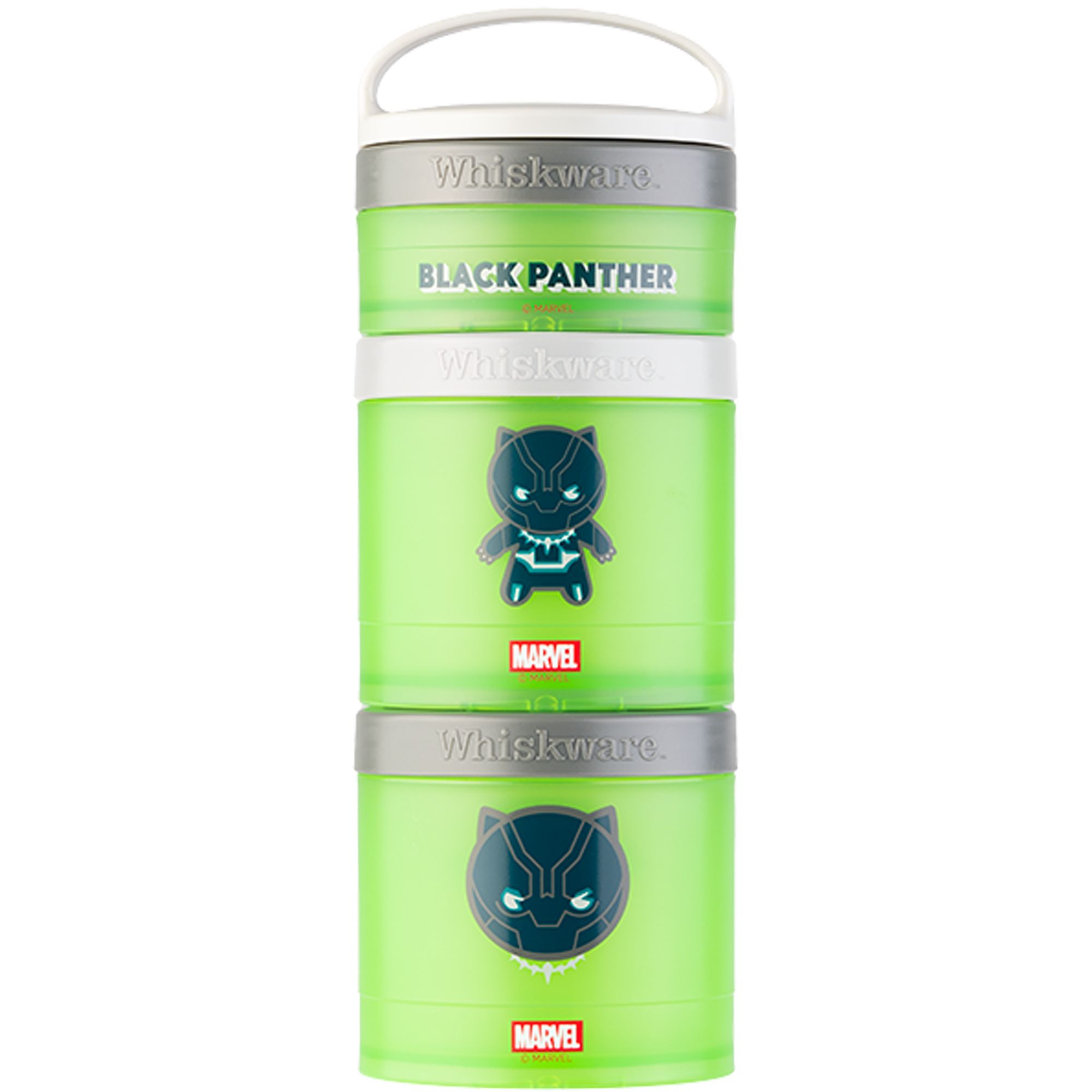 Grüner Snackbehälter mit Griff, drei stapelbaren Behältern, Black Panther-Motiv und Marvel-Logo.