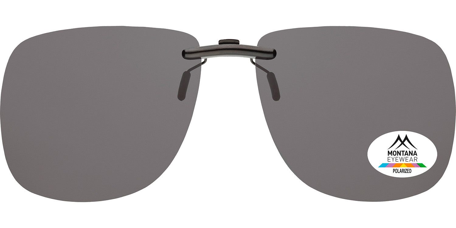 Clip-on-Sonnenbrille mit grauen Gläsern. Montana Eyewear-Logo und Polarized-Aufkleber. Schwarzer Rahmen.
